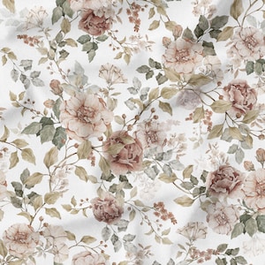 May include: A floral pattern featuring large, detailed roses in shades of blush, mauve, and brown, interspersed with green and tan leaves and stems. The design is set against a white background, creating a vintage, romantic aesthetic.