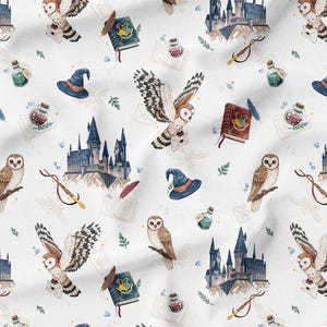May include: White fabric with a repeating pattern of watercolor illustrations. The design includes owls, a castle, books, potion bottles, wizard hats, and quills. The color palette features blues, browns, and greens.