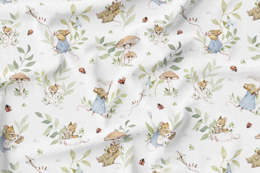 French Terry Cotton Premium Fabric, Cute Mice Cotton Fabric, Animal