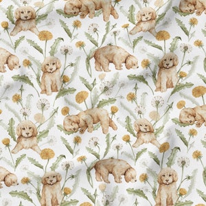 May include: A seamless pattern featuring watercolor illustrations of golden retriever puppies and dandelion flowers on a white background.