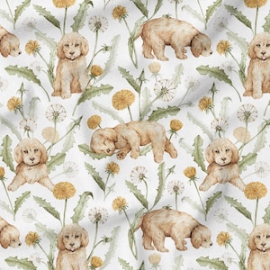 May include: Watercolor pattern featuring golden retriever puppies among dandelions and green foliage on a white background. The puppies are depicted in various poses, including sitting, lying down, and walking.