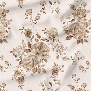 May include: A floral pattern featuring large, detailed roses and smaller flowers in shades of beige and brown. The design is repeated across a cream-colored background, creating a seamless, vintage-inspired look. The fabric has a soft, textured appearance.