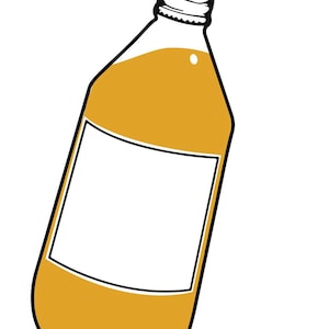 May include: A yellow glass bottle with a white label. The bottle is filled with a yellow liquid.