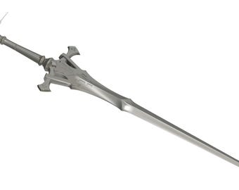 May include: A silver sword with a detailed hilt and a long, sharp blade.