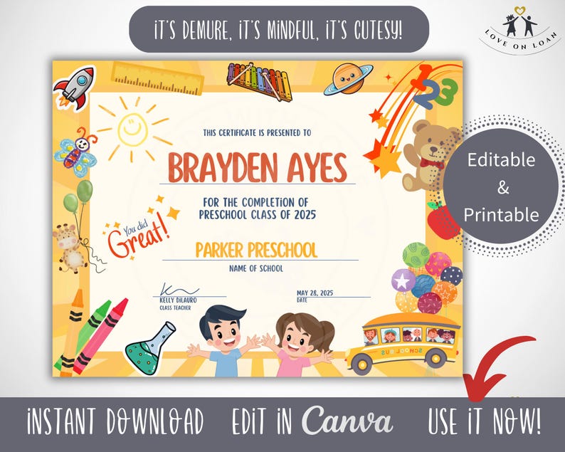 Puede incluir: Un certificado imprimible amarillo y blanco con un autob&uacute;s de dibujos animados, l&aacute;pices de colores y un ni&ntilde;o sonriente. El texto dice "Este certificado se otorga a Brayden Ayes por la finalizaci&oacute;n de la clase de preescolar de 2025 Parker Preschool".