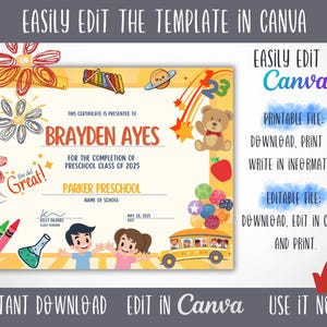 Puede incluir: Una plantilla de certificado de graduaci&oacute;n de preescolar imprimible con un fondo amarillo e ilustraciones de dibujos animados coloridos. El texto dice "Este certificado se otorga a Brayden Ayes por la finalizaci&oacute;n de la clase de preescolar de 2025. Parker Preschool. Nombre de la escuela. 28 de mayo de 2025."