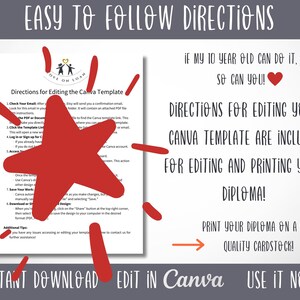 Puede incluir: Un gr&aacute;fico de estrella roja con el texto "Easy to Follow Directions" en la parte superior de la imagen. El texto "Directions for Editing the Canva Template" est&aacute; en un cuadro blanco con borde rojo. El texto "If my 10 year old can do it, so can you!" est&aacute; en texto rojo con un coraz&oacute;n rojo. El texto "Directions for Editing Your Canva Template Are Included For Editing and Printing Your Diploma!" est&aacute; en texto negro. El texto "Print Your Diploma On A High Quality Cardstock!" est&aacute; en texto negro con una flecha roja apuntando hacia la derecha. El texto "Instant Download Edit In Canva Use It Now!" est&aacute; en texto negro.
