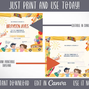 Puede incluir: Plantilla de diploma de graduaci&oacute;n de preescolar imprimible con un fondo amarillo e ilustraciones de dibujos animados coloridos. El texto dice "Este certificado se otorga a [Nombre] por la finalizaci&oacute;n de la clase de preescolar de 2025 [Nombre de la escuela]"
