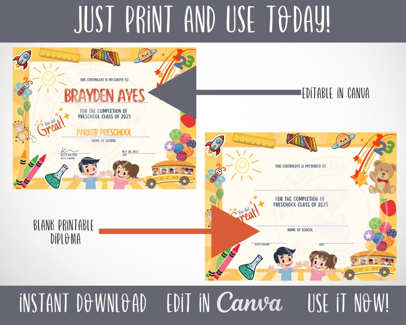 Puede incluir: Plantilla de diploma de graduaci&oacute;n de preescolar imprimible con un fondo amarillo e ilustraciones de dibujos animados coloridos. El texto dice "Este certificado se otorga a [Nombre] por la finalizaci&oacute;n de la clase de preescolar de 2025 [Nombre de la escuela]"