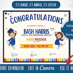 Editable Preschool Graduation Certificate: Canva Template (Digital Download)