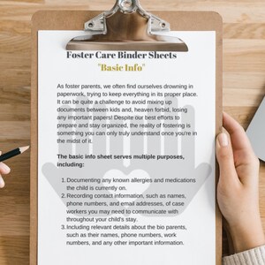 Printable Foster Care Basic Info Binder Template for New Foster Parents ...