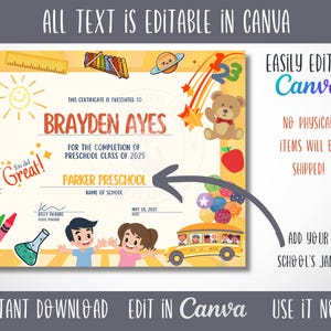 Puede incluir: Un certificado imprimible para una graduaci&oacute;n de preescolar. El certificado es amarillo con un borde colorido y presenta un autob&uacute;s de dibujos animados, l&aacute;pices de colores, un osito de peluche y un ni&ntilde;o sosteniendo un gorro de graduaci&oacute;n. El texto del certificado dice: "Este certificado se otorga a Brayden Ayes por la finalizaci&oacute;n de la clase de preescolar de 2025. Parker Preschool. Nombre de la escuela. 28 de mayo de 2025".