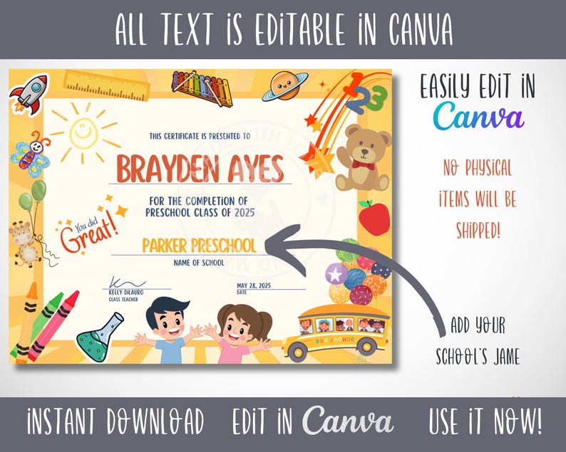 Puede incluir: Un certificado imprimible para una graduaci&oacute;n de preescolar. El certificado es amarillo con un borde colorido y presenta un autob&uacute;s de dibujos animados, l&aacute;pices de colores, un osito de peluche y un ni&ntilde;o sosteniendo un gorro de graduaci&oacute;n. El texto del certificado dice: "Este certificado se otorga a Brayden Ayes por la finalizaci&oacute;n de la clase de preescolar de 2025. Parker Preschool. Nombre de la escuela. 28 de mayo de 2025".