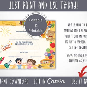 Puede incluir: Plantilla de certificado editable e imprimible para la graduaci&oacute;n de preescolar. El certificado tiene un fondo amarillo con un borde colorido de ilustraciones con tem&aacute;tica escolar. El texto del certificado dice "Este certificado se otorga a... por la finalizaci&oacute;n de la clase de preescolar de 2025".