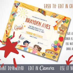Puede incluir: Plantilla de certificado de graduaci&oacute;n de preescolar editable en Canva. El certificado presenta un fondo amarillo con coloridas ilustraciones de dibujos animados de l&aacute;pices de colores, un autob&uacute;s escolar, un osito de peluche y una estrella. El texto del certificado dice "Este certificado se otorga a Brayden Ayes por la finalizaci&oacute;n de la clase de preescolar de 2025. Escuela infantil Parker. Nombre de la escuela. 28 de mayo de 2025."