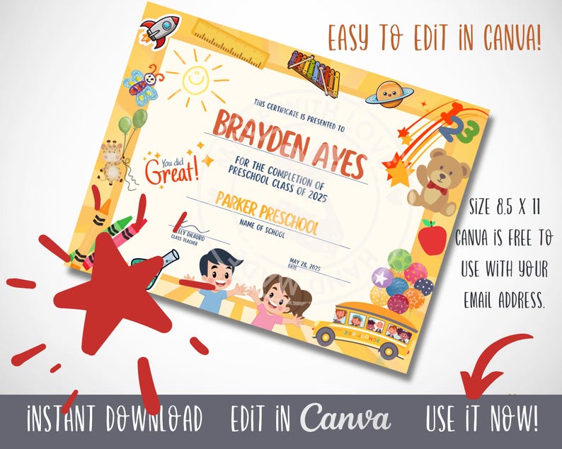 Puede incluir: Plantilla de certificado de graduaci&oacute;n de preescolar editable en Canva. El certificado presenta un fondo amarillo con coloridas ilustraciones de dibujos animados de l&aacute;pices de colores, un autob&uacute;s escolar, un osito de peluche y una estrella. El texto del certificado dice "Este certificado se otorga a Brayden Ayes por la finalizaci&oacute;n de la clase de preescolar de 2025. Escuela infantil Parker. Nombre de la escuela. 28 de mayo de 2025."