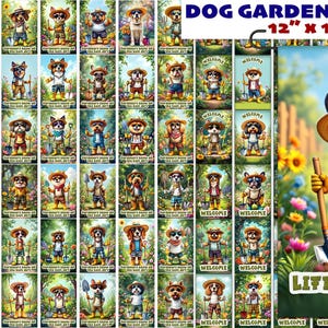 Może przedstawiać: Zestaw 130 flag ogrodowych przedstawiających psy w różnych pozach ogrodniczych. Flagi mają wymiary 30,5 cm x 45,7 cm i prezentują różnorodne wzory, w tym psy w okularach przeciwsłonecznych, kapeluszach i trzymające narzędzia ogrodnicze. Flagi idealnie nadają się do dodania odrobiny fantazji do ogrodu.