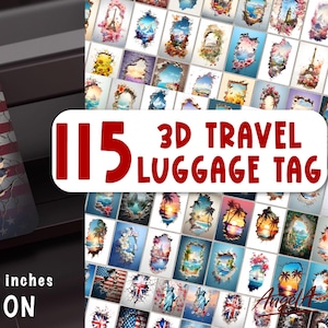 Può includere: Un'etichetta per bagagli rettangolare con bandiera americana e aquila calva. Misura 7,1 x 10,2 cm. L'immagine mostra anche una collezione di 115 etichette per bagagli da viaggio 3D con vari disegni.