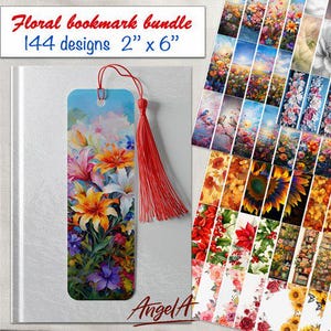 Può includere: Pacchetto di segnalibri floreali con 144 design, ciascuno di 5 cm x 15 cm. L'immagine mostra un segnalibro con un design floreale e un nappa rossa, insieme a una collezione di vari design di segnalibri floreali. Il testo "Floral bookmark bundle" è visibile.