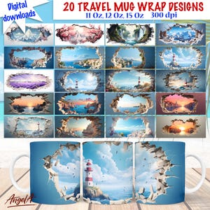 Può includere: Una collezione di 20 design per tazze da viaggio, con paesaggi vari, tra cui fari e scene costiere. I design sono presentati su sfondo bianco, con il testo "20 TRAVEL MUG WRAP DESIGNS" e "Digital downloads".
