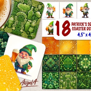 Può includere: 18 sottobicchieri quadrati con un tema a trifoglio verde. I disegni includono un folletto verde che tiene una birra, uno schema a trifoglio verde e uno schema di schiuma di birra gialla. I sottobicchieri misurano 4,5 pollici per 4,5 pollici.