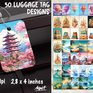 Può includere: Design di etichetta per bagagli con una scena di pagoda giapponese con fiori di ciliegio, montagne e cielo blu. L'etichetta misura 7,1 x 10,2 cm. L'immagine mostra anche 50 diversi design di etichette per bagagli a tema viaggio.