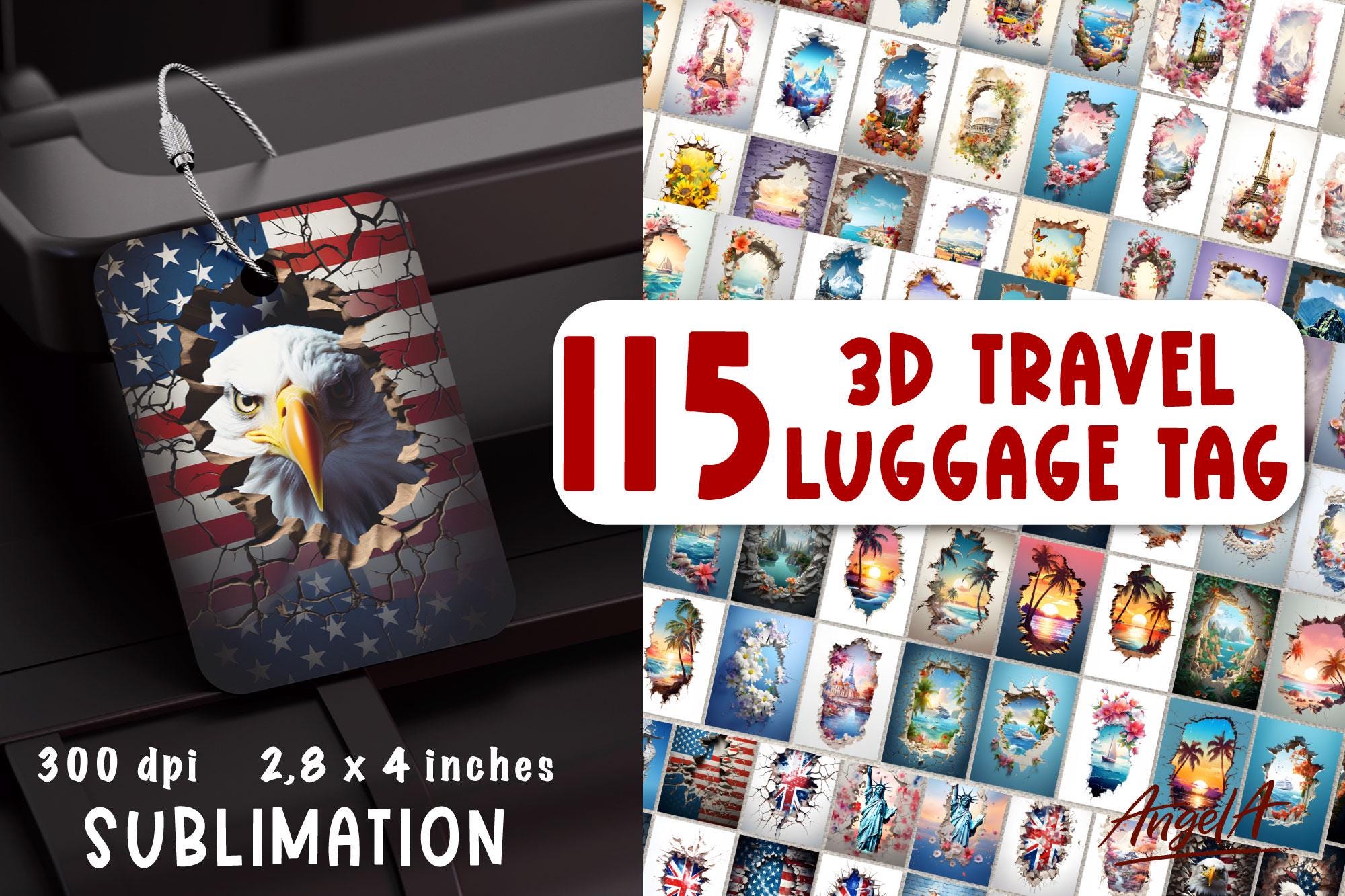 3D Travel Luggage Tag Sublimation Bundle Summer Bag Tag Template Luggage Stickers Designs Patriotic tags USA flag Digital Download