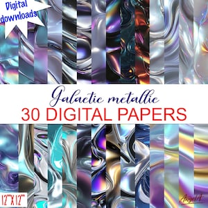 Può includere: Una collezione di 30 carte digitali con un tema metallico galattico. Le carte presentano una varietà di colori, tra cui argento, blu, viola e oro. Ogni carta misura 30,48 cm x 30,48 cm e ha un design unico e vorticoso. Le parole "Download digitali" sono nell'angolo in alto a sinistra.