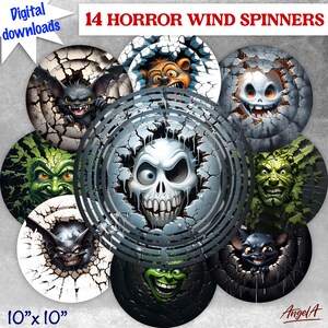 Può includere: Una collezione di 14 girandole horror con vari disegni di mostri e teschi. Ogni girandola è un disegno circolare con uno sfondo incrinato e le dimensioni sono 25,4 cm x 25,4 cm. Le parole "Download digitali" sono in alto a sinistra.