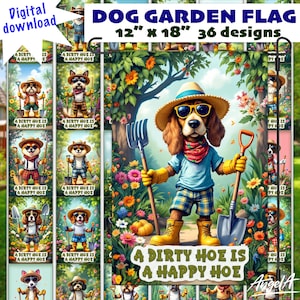 Puede incluir: Una bandera de jardín con un perro de dibujos animados que lleva gafas de sol, un sombrero de paja y sostiene una pala y una horca. La bandera mide 30,48 cm x 45,72 cm y presenta el texto "A Dirty Hoe Is A Happy Hoe."