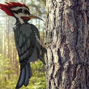 Może przedstawiać: Czarno-biały dzięcioł z czerwoną czapką siedzący na pniu drzewa. Dzięcioł ma długi dziób i patrzy w prawo. Pień drzewa jest brązowy i ma szorstką fakturę.