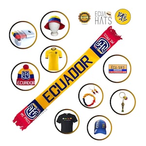 May include: A collection of Ecuadorian-themed merchandise, including a yellow and blue scarf with "ECUADOR" printed on it, a yellow jersey, a blue baseball cap, and a black t-shirt. Other items include a hat, earrings, and a keychain.