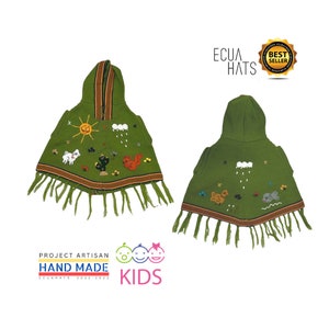 Beautiful Triangular Poncho with Hood, Colorful, Light, Warm, Hand-sewn Farm Animal Appliques - Children, Youth, Unisex, Reaglo, Fun Jacket