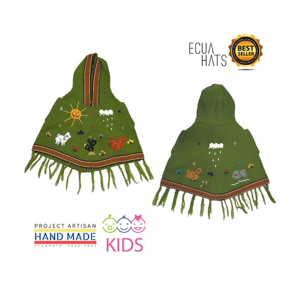 Beautiful Triangular Poncho with Hood, Colorful, Light, Warm, Hand-sewn Farm Animal Appliques - Children, Youth, Unisex, Reaglo, Fun Jacket