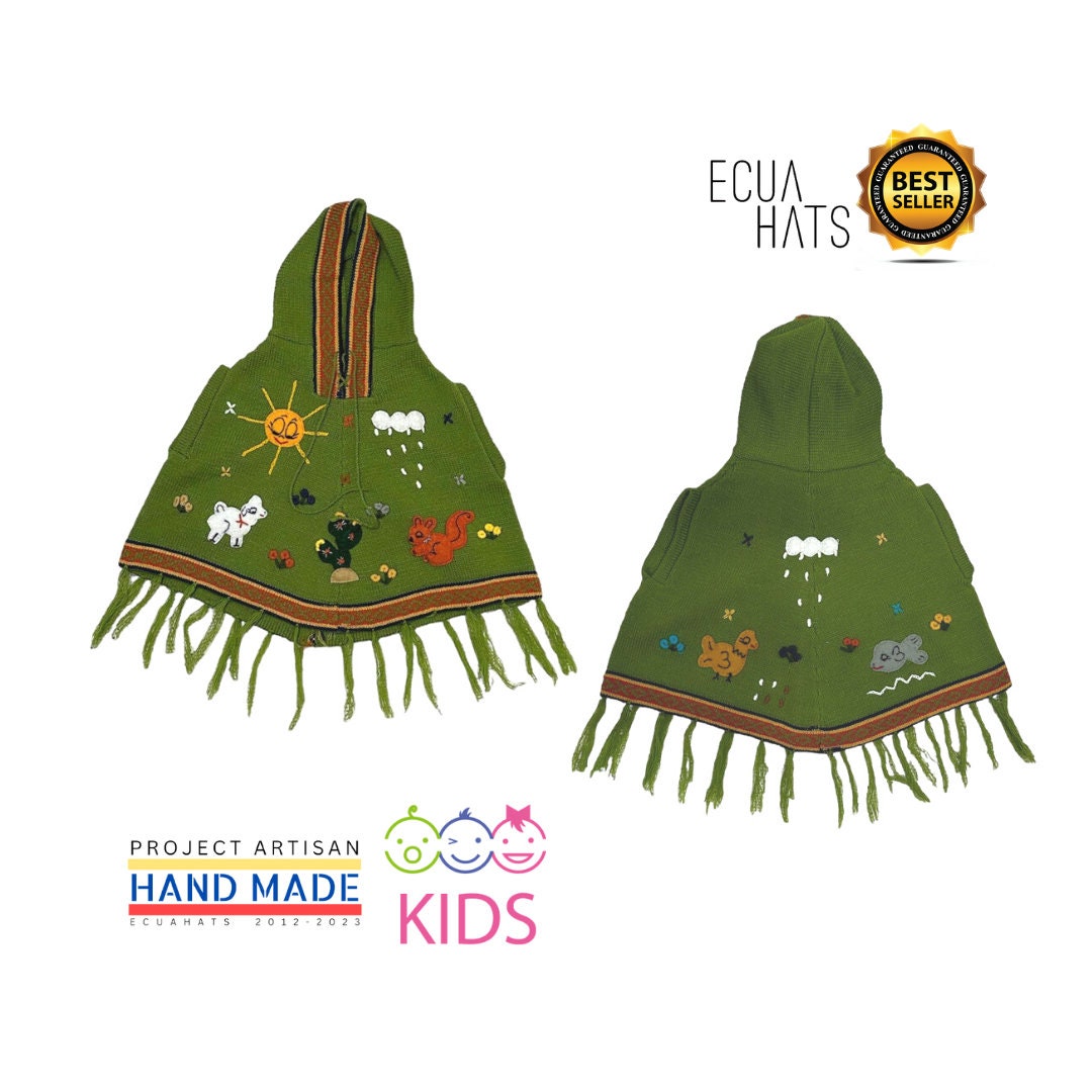Handmade Kids Poncho with Hood: Farm Animal Appliques, Acrylic