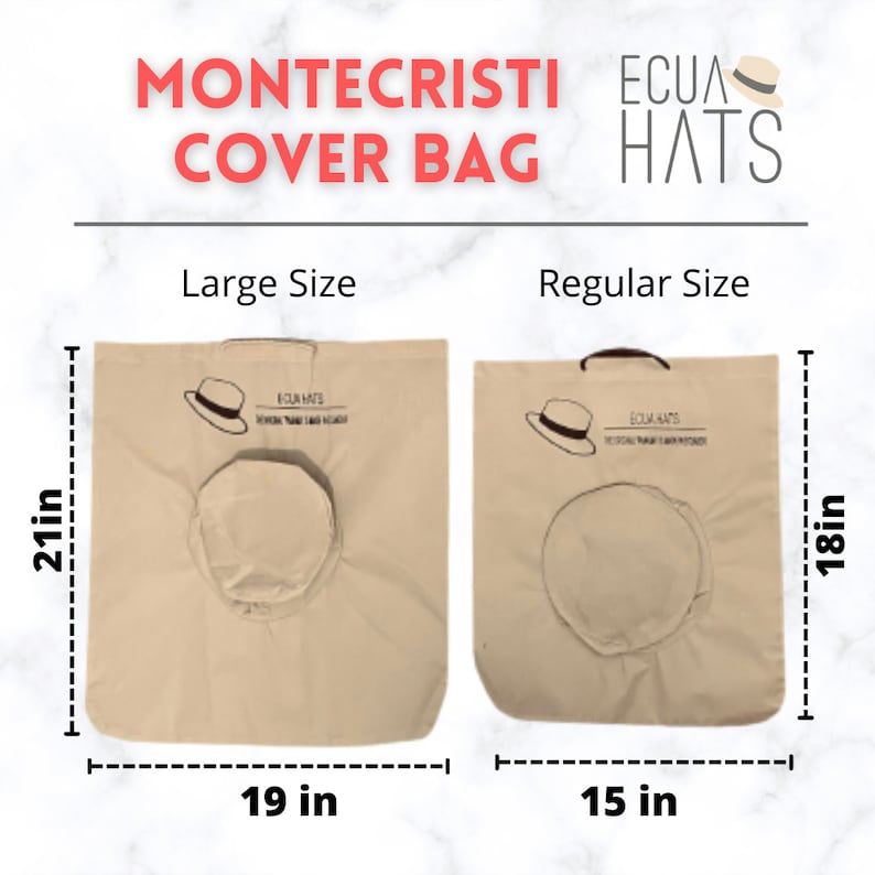 May include: Two beige canvas bags with a hat-shaped cutout in the center. The larger bag measures 21 inches by 19 inches. The smaller bag measures 18 inches by 15 inches. Both bags have the text "ECUA HATS" printed on them.