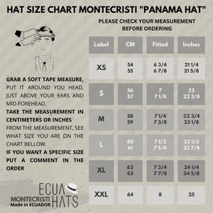 Puede incluir: Una tabla de tallas de sombreros para "Panama Hats" hechos en Ecuador. La tabla muestra las tallas de sombreros en pulgadas, cent&iacute;metros y tallas ajustadas. La tabla est&aacute; etiquetada con las tallas XS, S, M, L, XL y XXL.