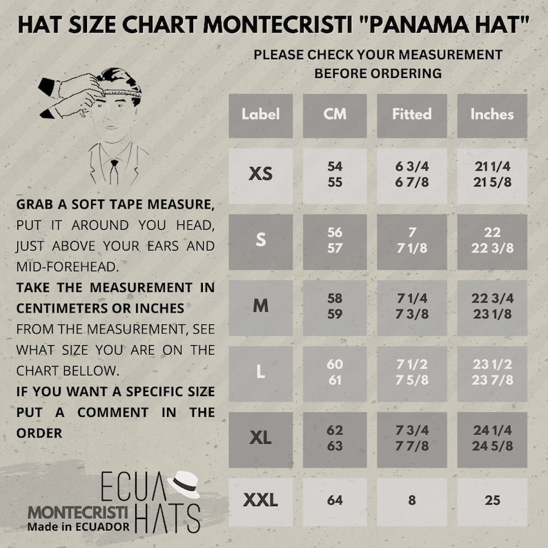 Puede incluir: Una tabla de tallas de sombreros para "Panama Hats" hechos en Ecuador. La tabla muestra las tallas de sombreros en pulgadas, cent&iacute;metros y tallas ajustadas. La tabla est&aacute; etiquetada con las tallas XS, S, M, L, XL y XXL.