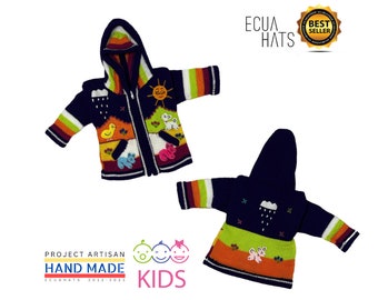 Kids Sweater Cardigan Knitted Animals Hood with Embroidered details, Colorful, Warm, Fun Farm Animal Designs