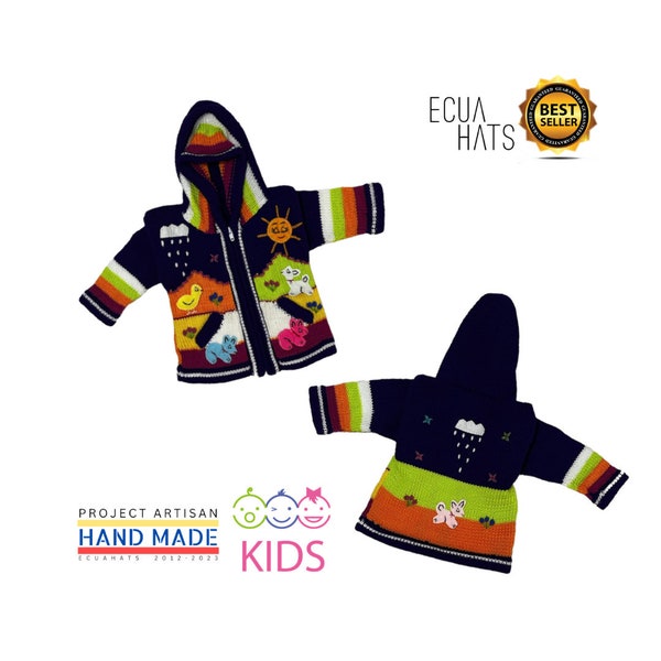 Kids Sweater Cardigan Knitted Animals Hood with Embroidered details, Colorful, Warm, Fun Farm Animal Designs