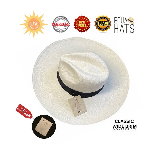 Genuine Ecuador Montecristi Paja Toquilla " Panama Hat " .. Wide Brim 5" - 8cm UV+ Protection Cover Bag FREE !!