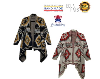 Colorful Women's Jacket with Linear Designs with Pointed Ends without Buttons - Light Warm Beautiful Made in Ecuador