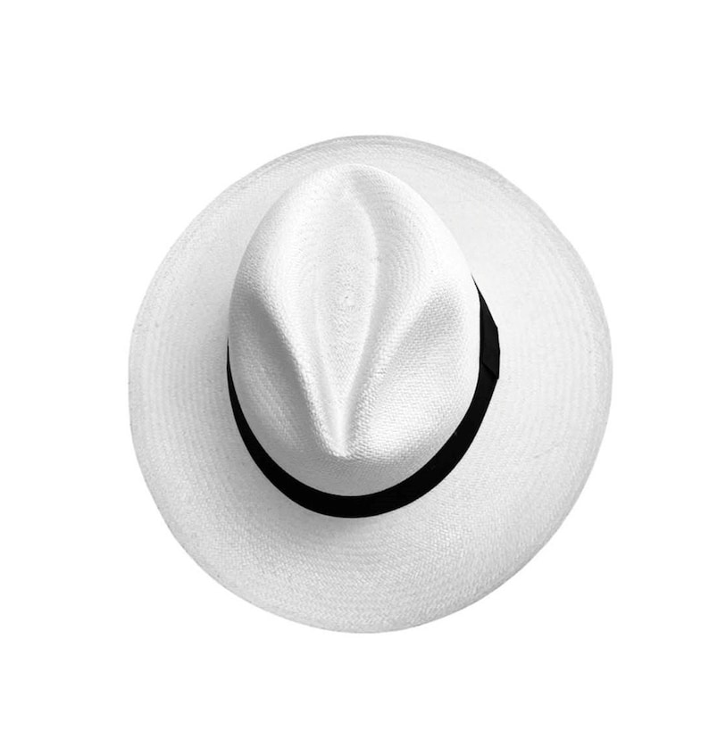 Puede incluir: Un sombrero de paja blanco con una cinta negra alrededor de la corona.