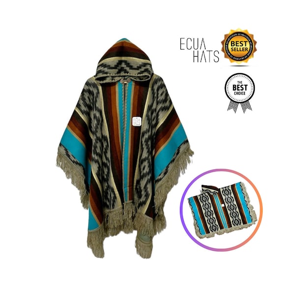 100% Handmade in Ecuador, Button-Up BABY ALPACA Wool Cape Poncho Wrap Shawl COAT with Hood