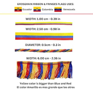 Op de afbeelding: Grosgrain lint en franjes met de vlaggen van Ecuador, Colombia en Venezuela. Bevat een lint van 1,00 cm breed, een lint van 2,50 cm breed, een gedraaid koord met een diameter van 0,5 cm en een franje van 6,00 cm breed in geel, blauw en rood.