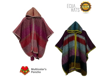 Multicolor Button-Up BABY ALPACA Wool Cape Poncho Wrap Shawl COAT with Hood