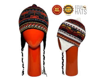 Bonnet Chullo pour adulte en laine mélangée fait main avec cache-oreilles, bonnet d'hiver et pompons - cadeau - chapeau en sherpa tricoté à la main - chapeau ciel fabriqué au Pérou