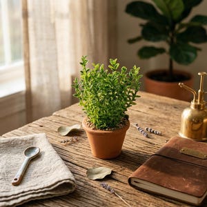 May include: A small potted plant with green leaves sits on a rustic wooden table. A gold-coloured plant mister and a leather-bound journal are also on the table. A folded linen napkin and a ceramic spoon are in the foreground.