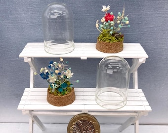 Dollhouse Miniature Toadstools and Flowers Glass Dome - Terrarium Bell Jar