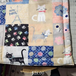 May include: A multi-colored patchwork cat bed with a variety of cat designs, including paw prints, yarn balls, and cats with the text "I Meow Paris".